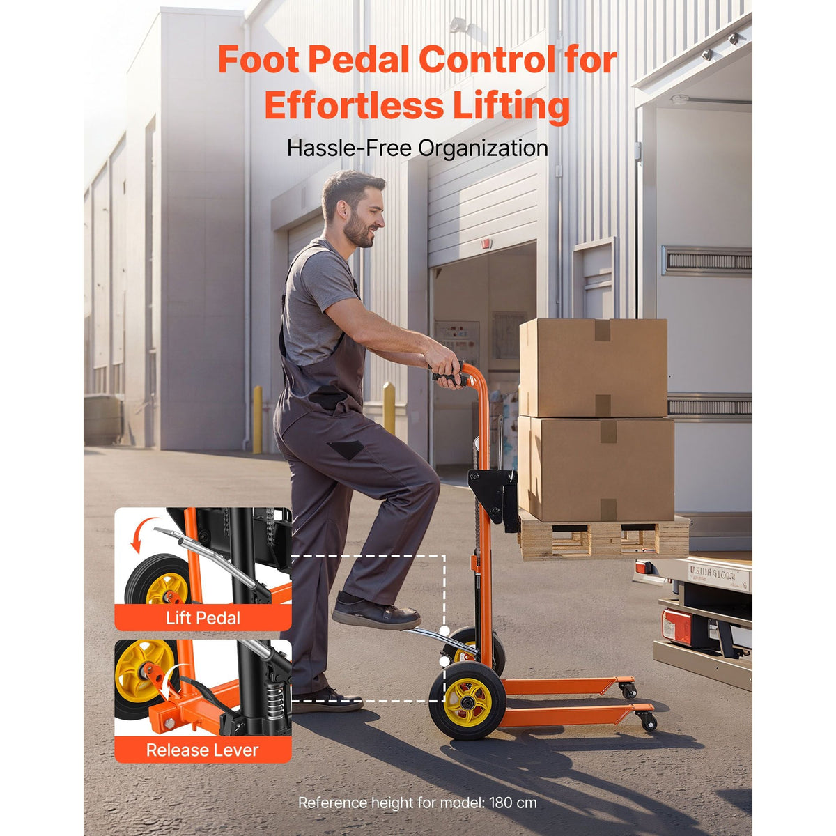Hydraulic Material Lift Winch Stacker, 450 lbs Load Capacity, Pallet Truck Dolly with Fork Lift Table, 35.4 Inches Max Lifting Height, Foldable & Portable Pallet Jack Table Cart, Orange & Black