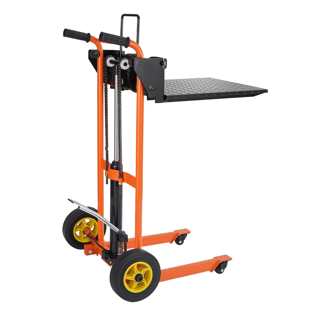 Hydraulic Material Lift Winch Stacker, 450 lbs Load Capacity, Pallet Truck Dolly with Fork Lift Table, 35.4 Inches Max Lifting Height, Foldable & Portable Pallet Jack Table Cart, Orange & Black