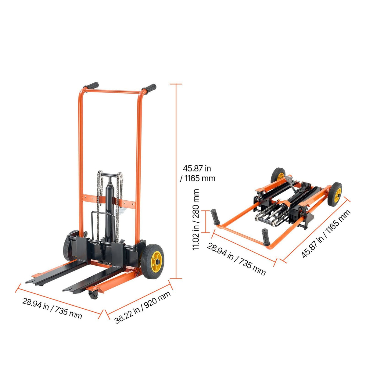 Hydraulic Material Lift Winch Stacker, 450 lbs Load Capacity, Pallet Truck Dolly with Fork Lift Table, 35.8 Inches Max Lifting Height, Foldable & Portable Pallet Jack Table Cart, Yellow & Black