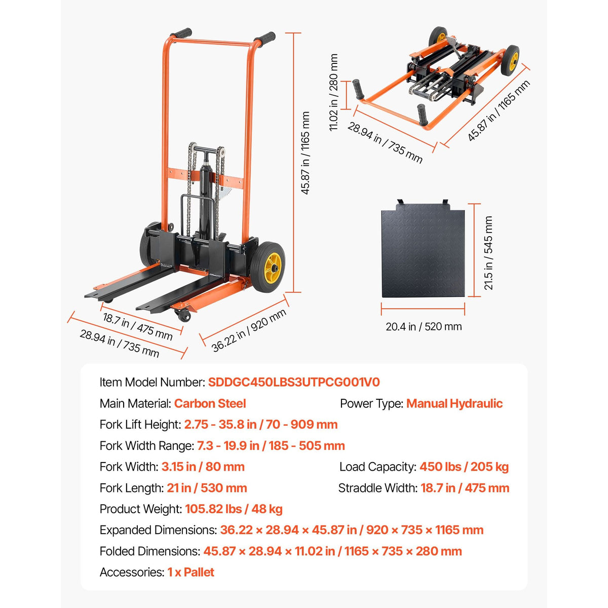 Hydraulic Material Lift Winch Stacker, 450 lbs Load Capacity, Pallet Truck Dolly with Fork Lift Table, 35.8 Inches Max Lifting Height, Foldable & Portable Pallet Jack Table Cart, Yellow & Black