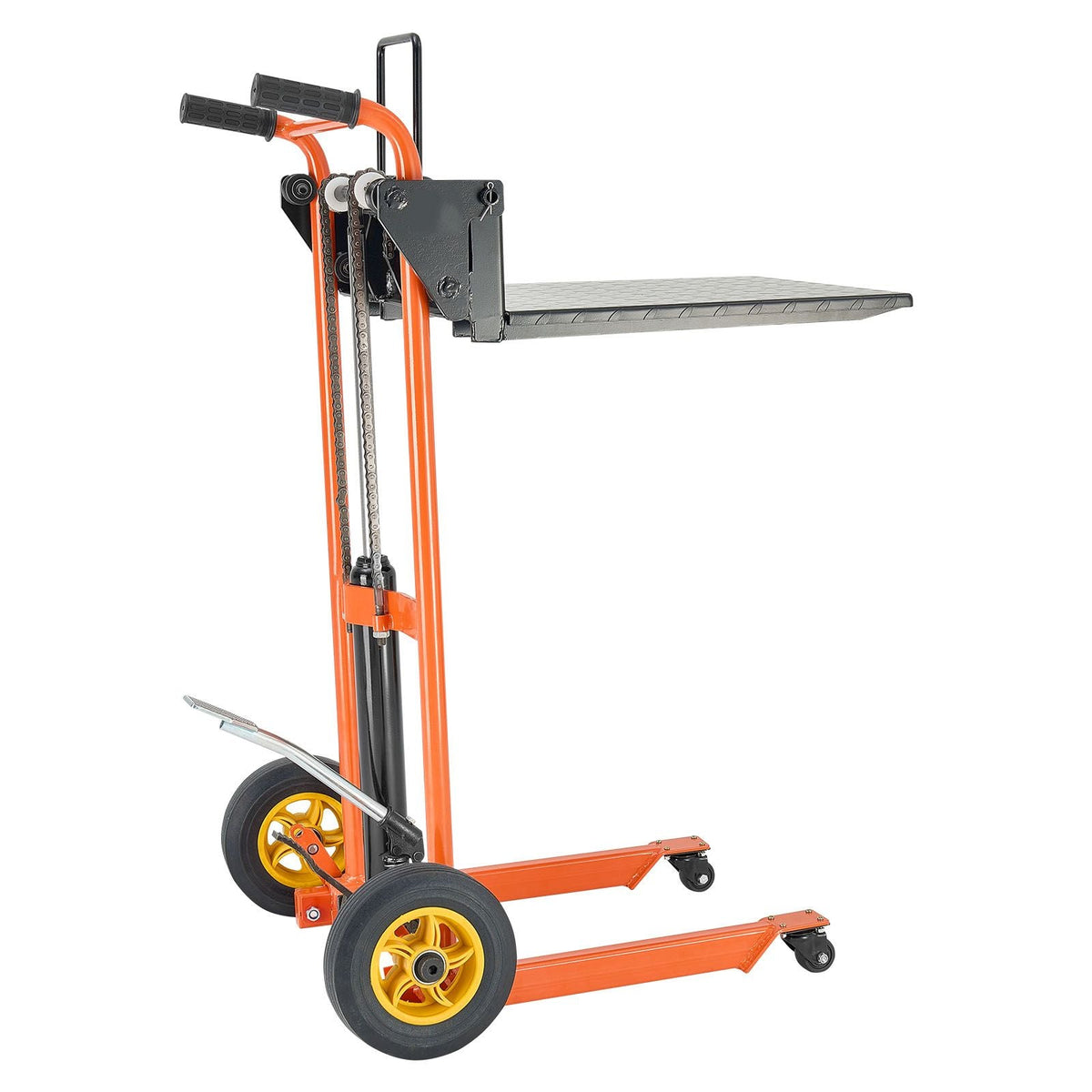 Hydraulic Material Lift Winch Stacker, 450 lbs Load Capacity, Pallet Truck Dolly with Fork Lift Table, 35.8 Inches Max Lifting Height, Foldable & Portable Pallet Jack Table Cart, Yellow & Black
