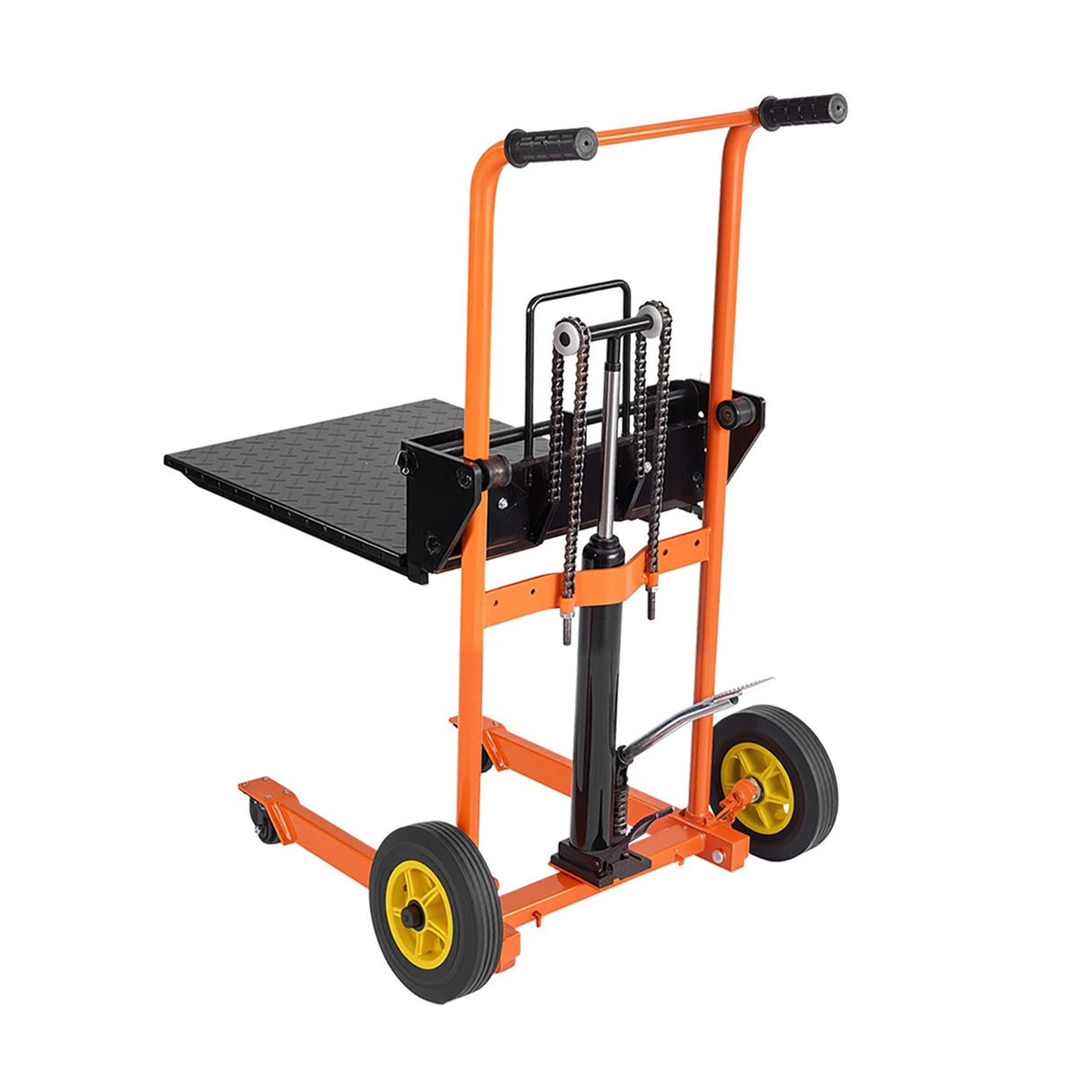 Hydraulic Material Lift Winch Stacker, 450 lbs Load Capacity, Pallet Truck Dolly with Fork Lift Table, 39.4 Inches Max Lifting Height, Foldable & Portable Pallet Jack Table Cart, Orange & Black