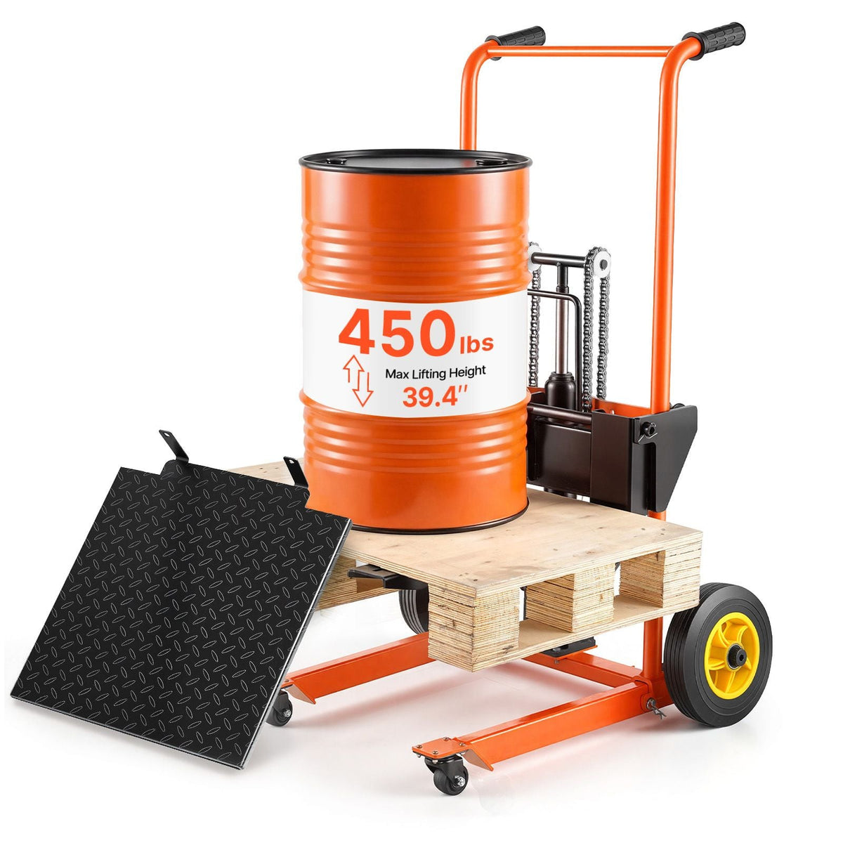Hydraulic Material Lift Winch Stacker, 450 lbs Load Capacity, Pallet Truck Dolly with Fork Lift Table, 39.4 Inches Max Lifting Height, Foldable & Portable Pallet Jack Table Cart, Orange & Black