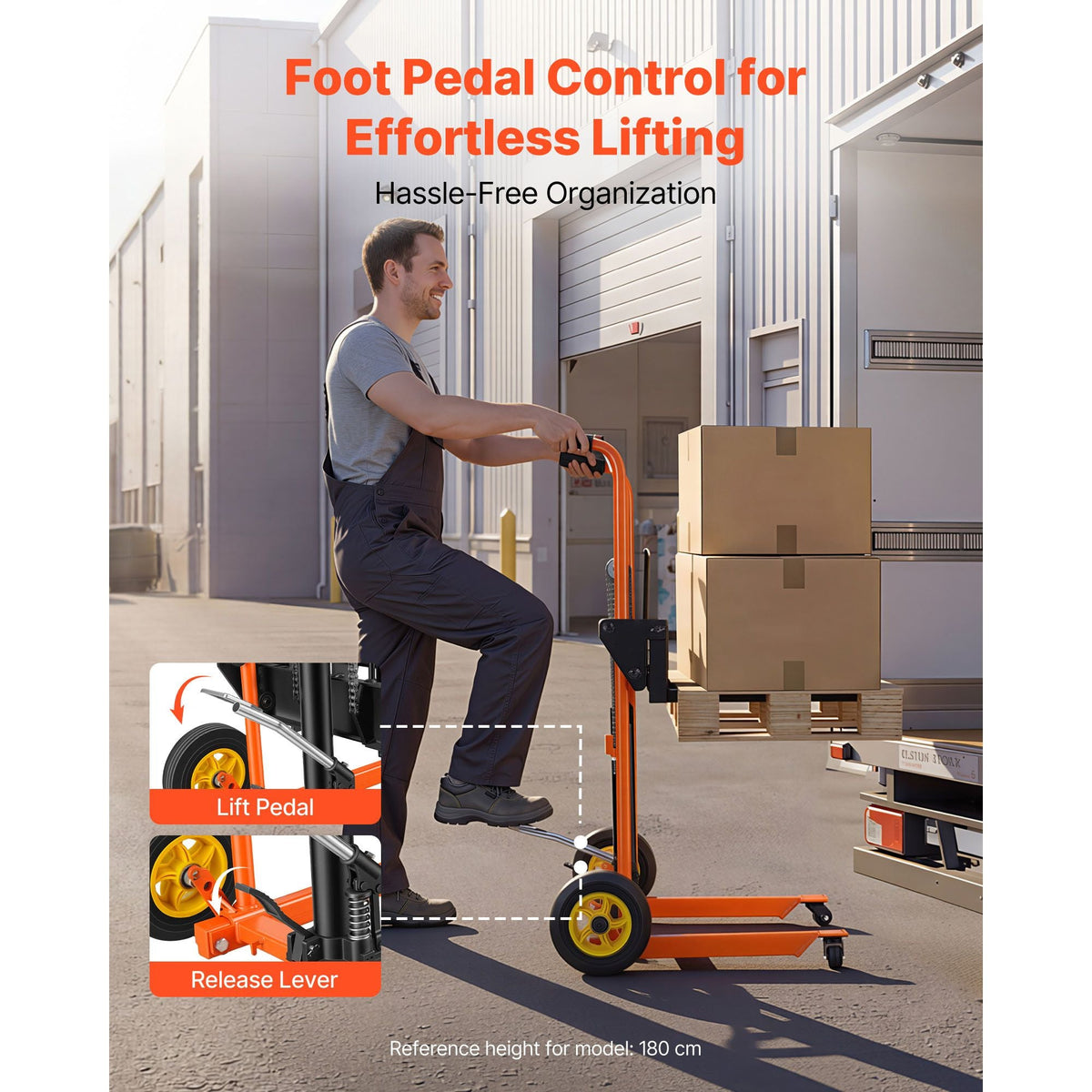 Hydraulic Material Lift Winch Stacker, 450 lbs Load Capacity, Pallet Truck Dolly with Fork Lift Table, 39.4 Inches Max Lifting Height, Foldable & Portable Pallet Jack Table Cart, Orange & Black
