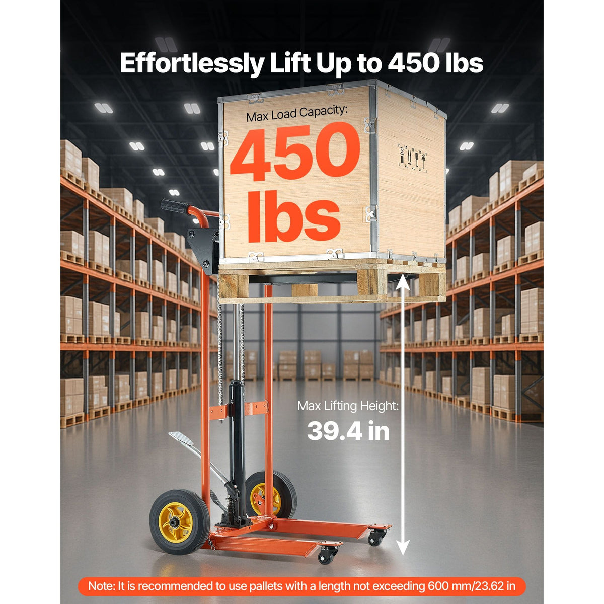 Hydraulic Material Lift Winch Stacker, 450 lbs Load Capacity, Pallet Truck Dolly with Fork Lift Table, 39.4 Inches Max Lifting Height, Foldable & Portable Pallet Jack Table Cart, Yellow & Black