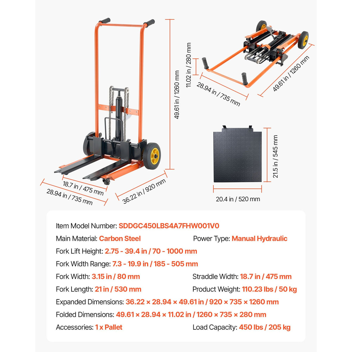 Hydraulic Material Lift Winch Stacker, 450 lbs Load Capacity, Pallet Truck Dolly with Fork Lift Table, 39.4 Inches Max Lifting Height, Foldable & Portable Pallet Jack Table Cart, Yellow & Black