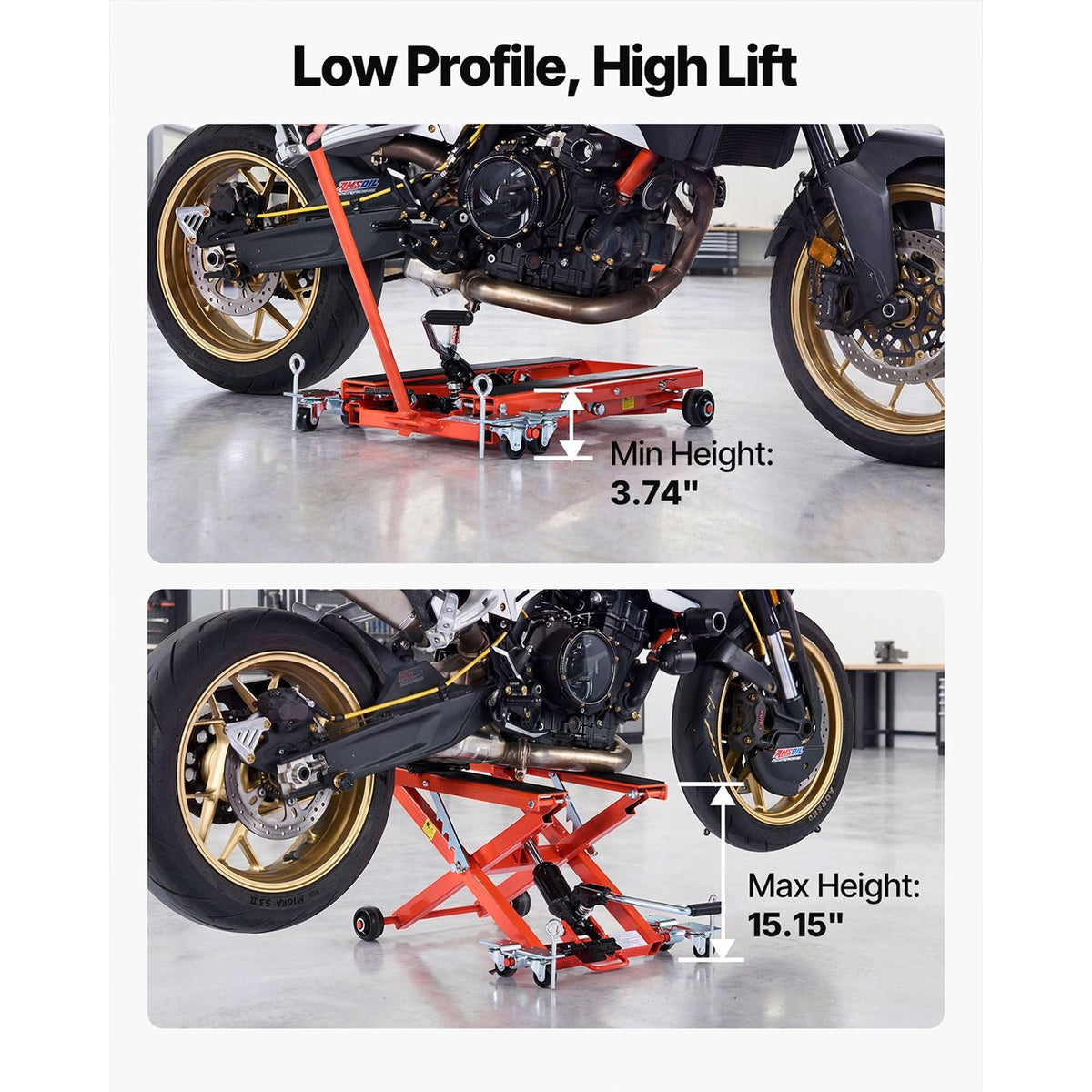 Hydraulic Motorcycle Lift Jack, 1100 lbs Capacity, Scissor Lift Jack Portable Motorcycle Hoist Stand with 6 Wheels, 4.72"-15.15" Height Range, Hydraulic Foot-Operated Hoist Stand for Dirt Bikes