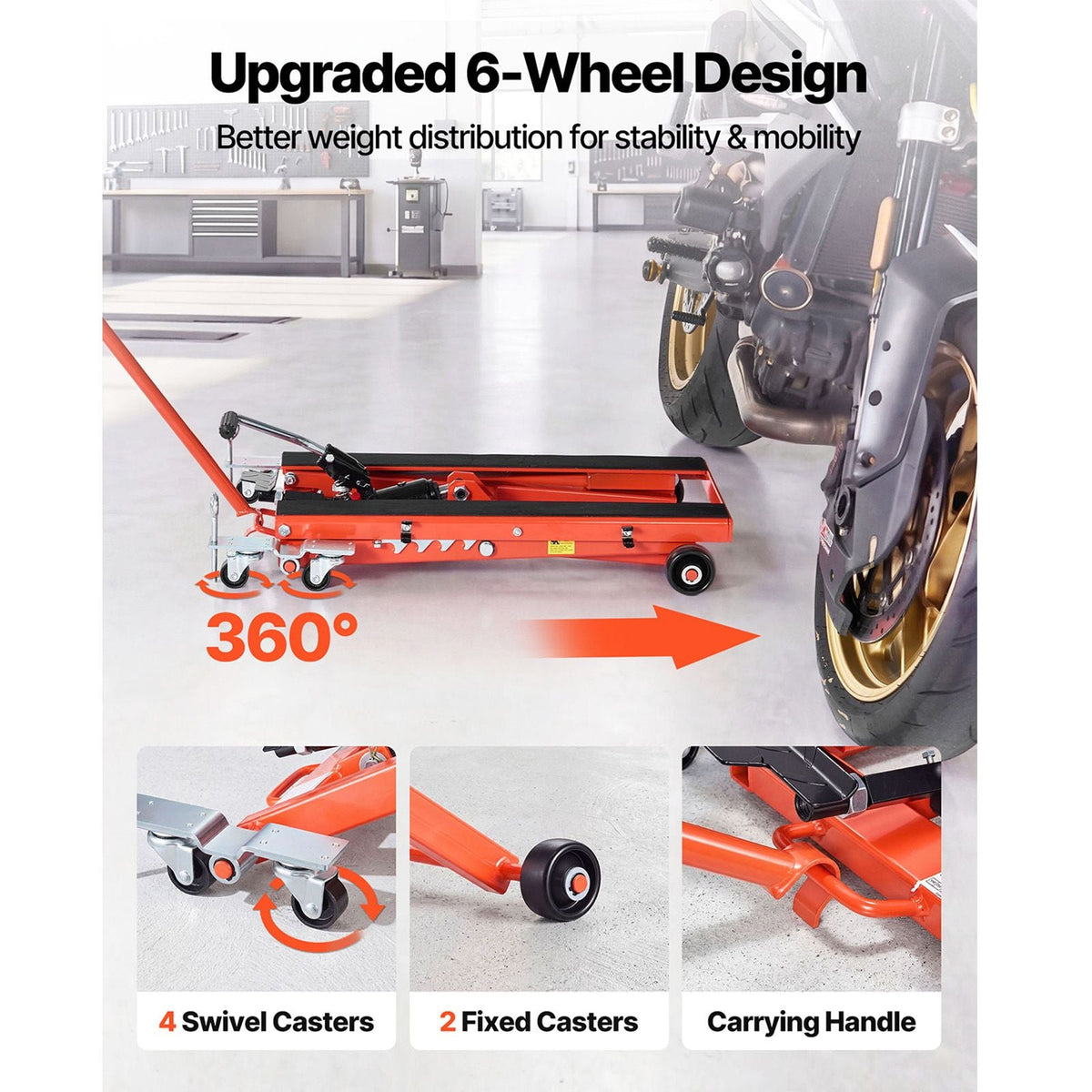 Hydraulic Motorcycle Lift Jack, 1100 lbs Capacity, Scissor Lift Jack Portable Motorcycle Hoist Stand with 6 Wheels, 4.72"-15.15" Height Range, Hydraulic Foot-Operated Hoist Stand for Dirt Bikes