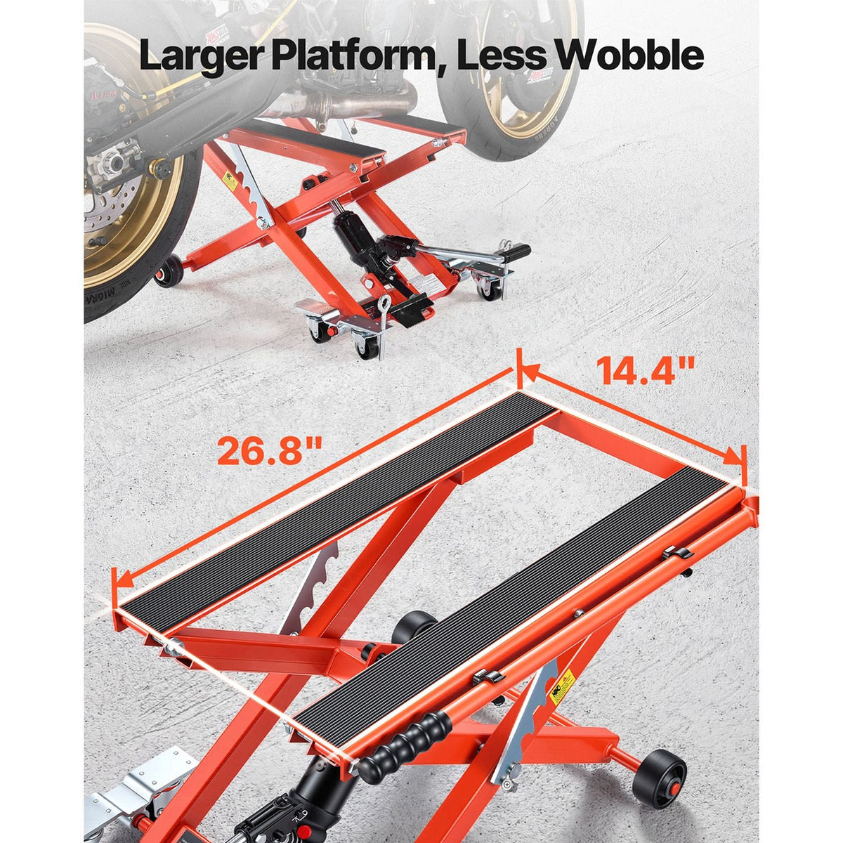 Hydraulic Motorcycle Lift Jack, 1100 lbs Capacity, Scissor Lift Jack Portable Motorcycle Hoist Stand with 6 Wheels, 4.72"-15.15" Height Range, Hydraulic Foot-Operated Hoist Stand for Dirt Bikes