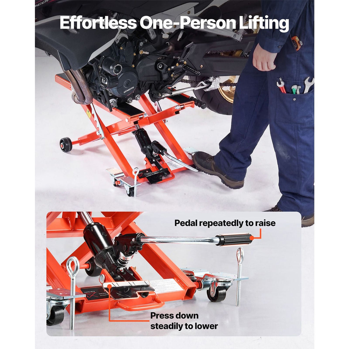 Hydraulic Motorcycle Lift Jack, 1100 lbs Capacity, Scissor Lift Jack Portable Motorcycle Hoist Stand with 6 Wheels, 4.72"-15.15" Height Range, Hydraulic Foot-Operated Hoist Stand for Dirt Bikes