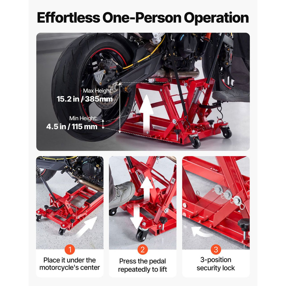 Hydraulic Motorcycle Lift Jack, 1500 lbs Capacity, ATV Lift Jack Portable Motorcycle Hoist Stand with 4 Wheels, 4.5"-15.2" Height Range, Hydraulic Foot-Operated Hoist Stand for ATVs, Dirt Bikes