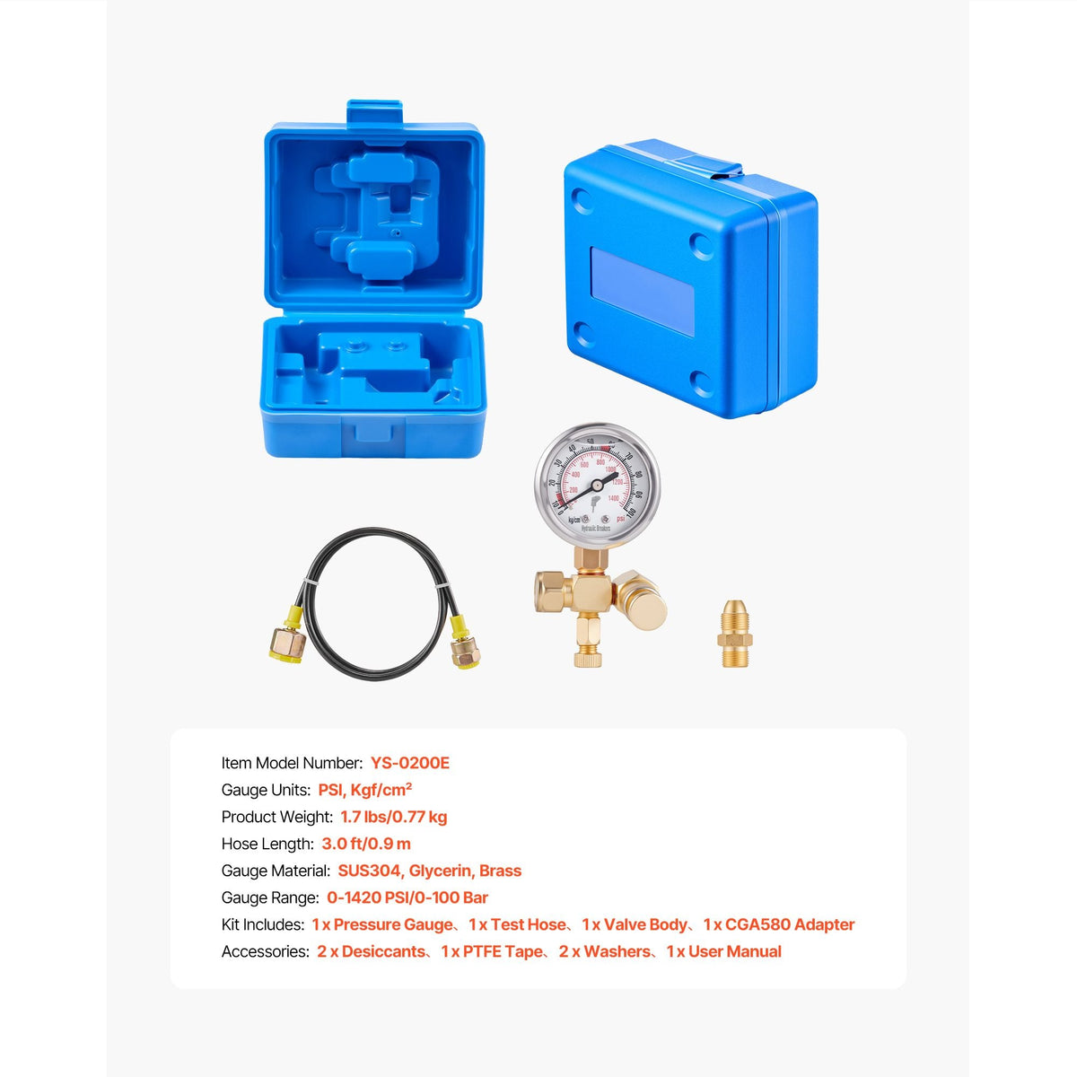 Hydraulic Nitrogen Accumulator Charging Kit, 0-1420 PSI Nitrogen Fill Kit, Pressure Test System with 1 Pressure Gauge, 1 Gas Hose, 1 Valve Body and 1 CGA580 Adapter for Construction Machinery