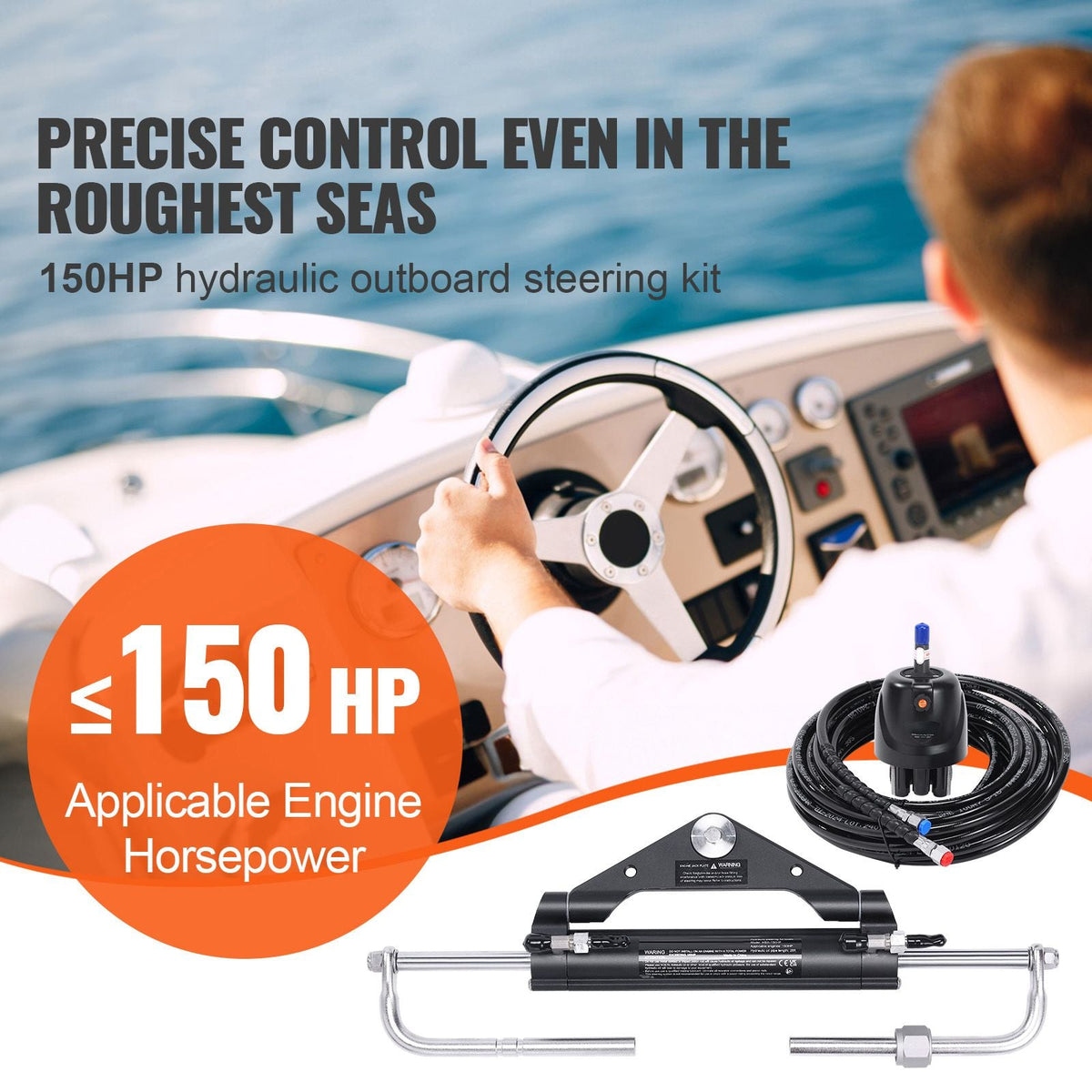 Hydraulic Outboard Steering Kit, 150HP, Marine Boat Hydraulic Steering System, with Helm Pump Two-Way Lock Cylinder and 26 Feet Hydraulic Steering Hose, for Single Station Single-Engine Boats