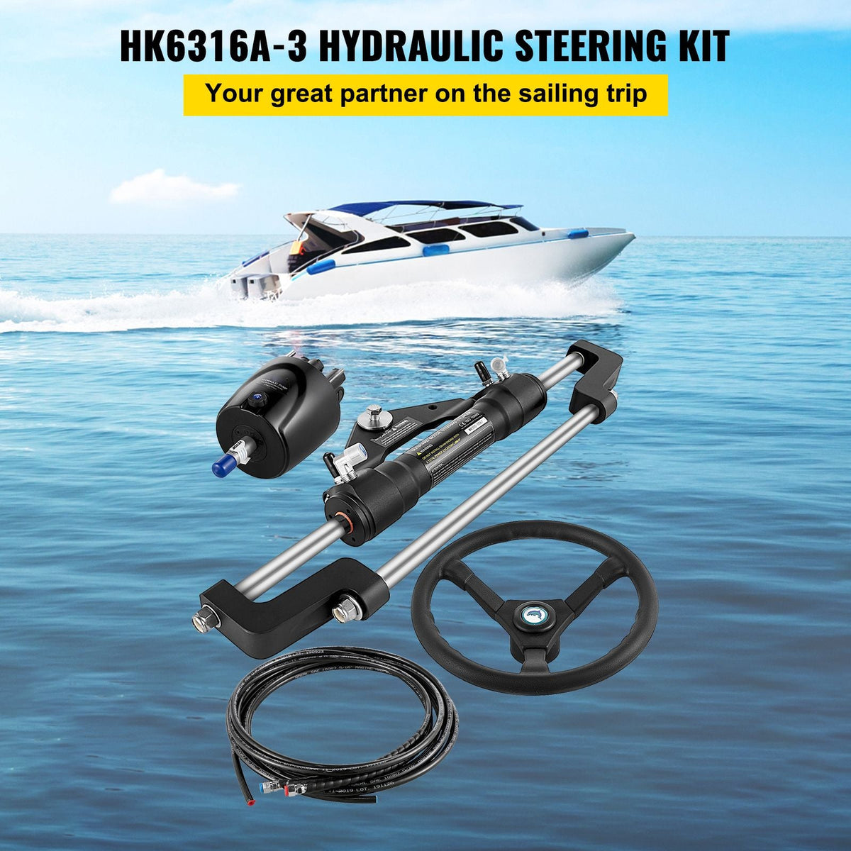Hydraulic Outboard Steering Kit 300HP, Hydraulic Steering Kit Helm Pump, Hydraulic Boat Steering Kit with 16 Feet Hydraulic Steering Hose for Boat Steering System