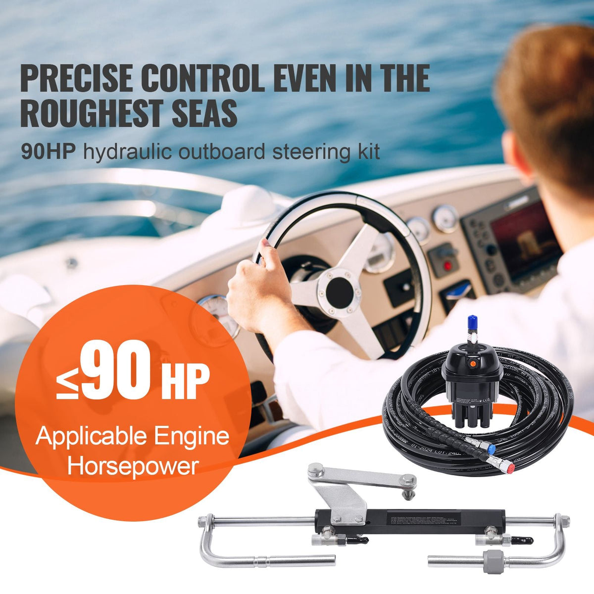Hydraulic Outboard Steering Kit, 90HP, Marine Boat Hydraulic Steering System, with Helm Pump Two-Way Lock Cylinder and 24 Feet Hydraulic Steering Hose, for Single Station Single-Engine Boats