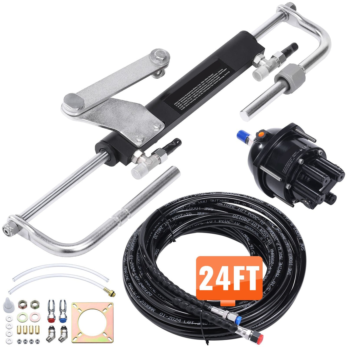 Hydraulic Outboard Steering Kit, 90HP, Marine Boat Hydraulic Steering System, with Helm Pump Two-Way Lock Cylinder and 24 Feet Hydraulic Steering Hose, for Single Station Single-Engine Boats