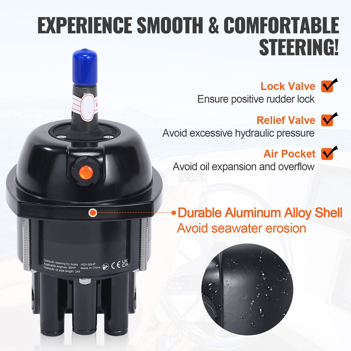 Hydraulic Outboard Steering Kit, 90HP, Marine Boat Hydraulic Steering System, with Helm Pump Two-Way Lock Cylinder and 24 Feet Hydraulic Steering Hose, for Single Station Single-Engine Boats