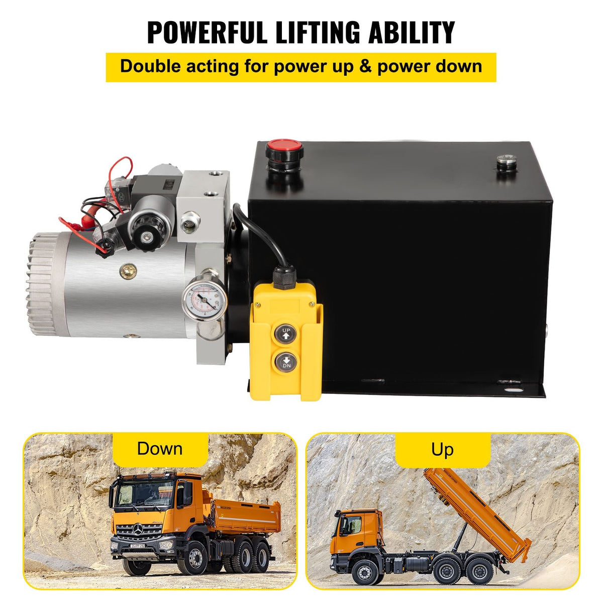 Hydraulic Power Unit 12 Volt Dump Trailer Hydraulic Pump Double Acting 12 Quart Hydraulic Pump Electric Hydraulic Cylinder Pump with Brass Pressure Gauge for Dump Trailer Lift Gates & Trucker