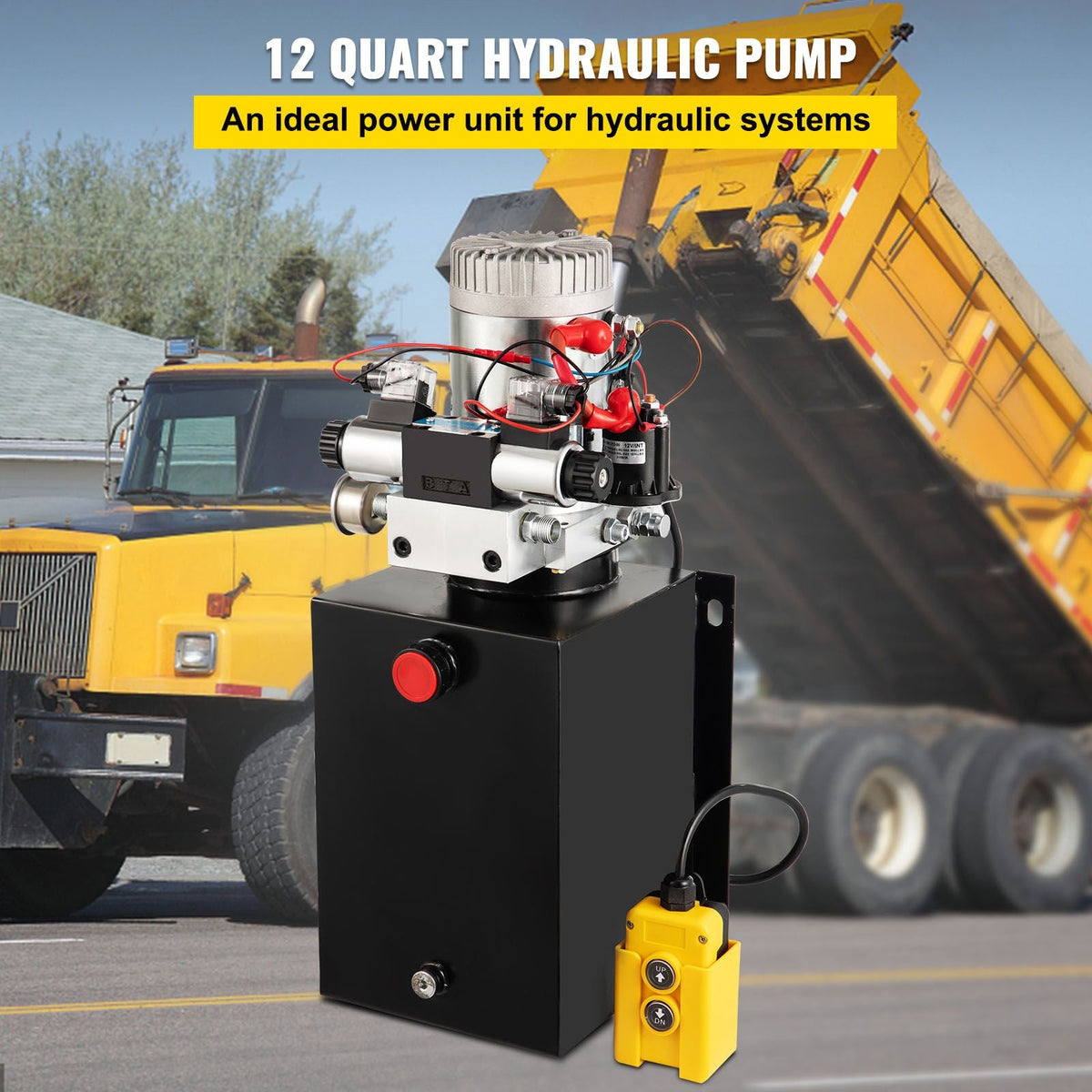 Hydraulic Power Unit 12 Volt Dump Trailer Hydraulic Pump Double Acting 12 Quart Hydraulic Pump Electric Hydraulic Cylinder Pump with Brass Pressure Gauge for Dump Trailer Lift Gates & Trucker