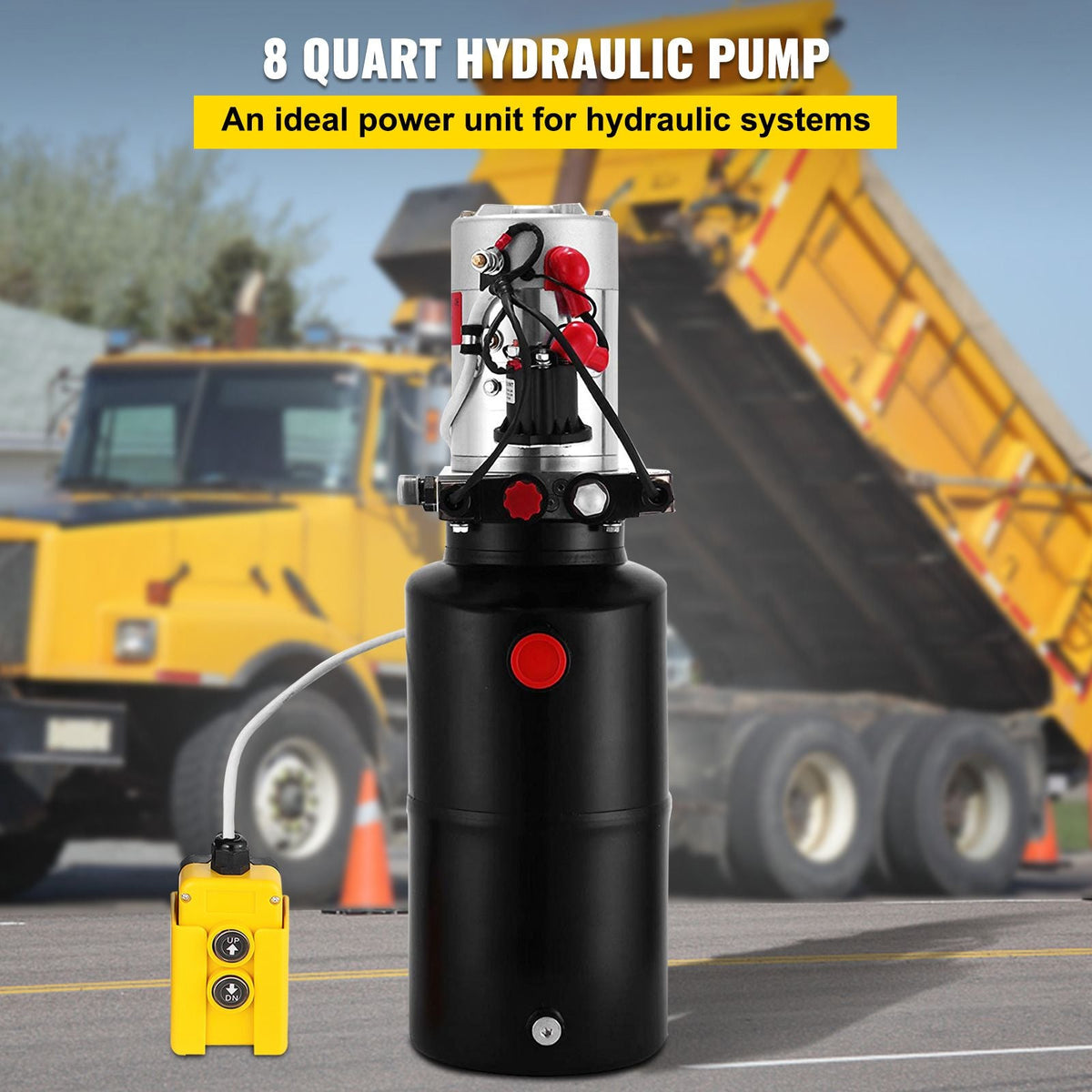 Hydraulic Power Unit 12V DC Double Acting Hydraulic Pump 8 Quart Steel Reservoir Hydraulic Pump Unit for Dump Trailers Car Lift Pump (8 Quart Double Acting Steel)