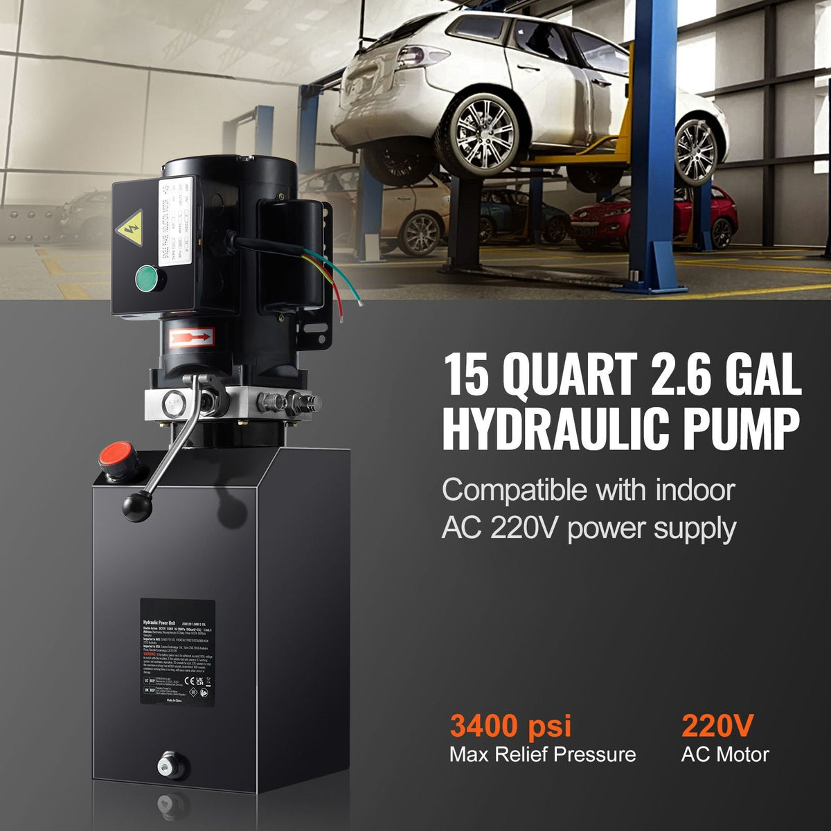 Hydraulic Power Unit, 15 Quart Hydraulic Pump, AC 220V Single-Acting Dump Trailer Pump, 3200 PSI Max Relief Pressure, 1.7 GPM Flow Rate, Hydraulic Pump for Dump Trailer Car Lifting