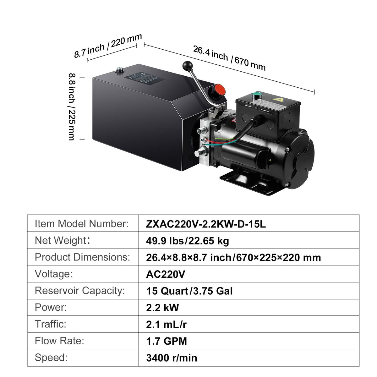 Hydraulic Power Unit, 15 Quart Hydraulic Pump, AC 220V Single-Acting Dump Trailer Pump, 3200 PSI Max Relief Pressure, 1.7 GPM Flow Rate, Hydraulic Pump for Dump Trailer Car Lifting
