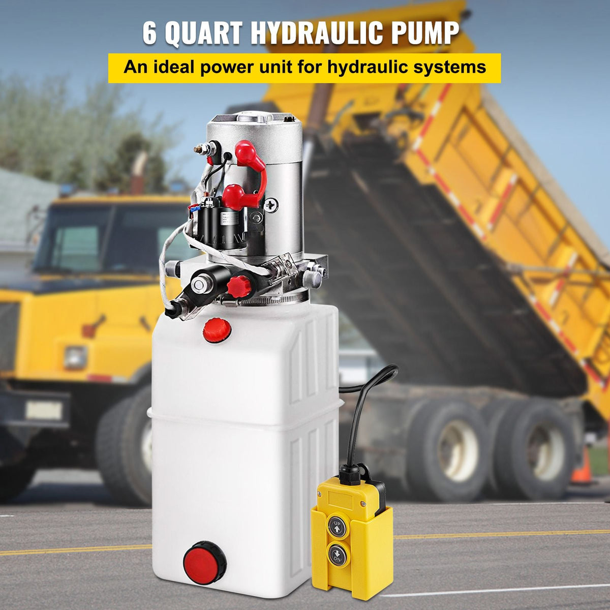 Hydraulic Power Unit 6 Quart Hydraulic Pump Double Acting DC12V Hydraulic Power Pack for Dump Truck Dump Trailer SAE6 Port with Plastic Reservoir