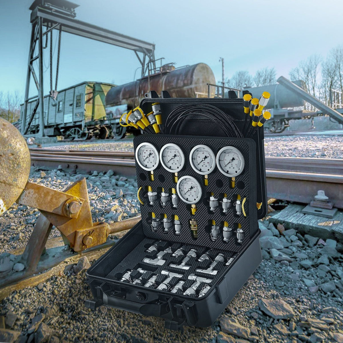 Hydraulic Pressure Test Kit, 10/100/250/400/600bar, 5 Gauges 13 Couplings 14 Tee Connectors 5 Test Hoses, Excavator Hydraulic Test Gauge Set with Carrying Case for Excavator Tractors Machinery