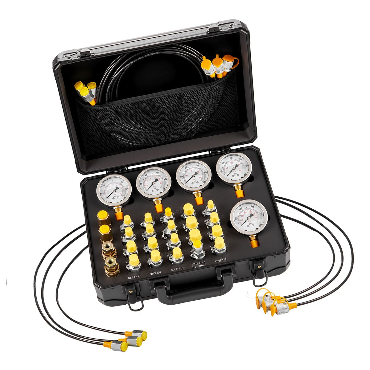 Hydraulic Pressure Test Kit, 150/900/2300/6000/9000 PSI (10/60/160/400/600 Bar), Hydraulic Gauge Kit 5 Gauges 20 Couplings 4 Quick-Release Couplers 3 Hoses for Excavator Construction Machinery