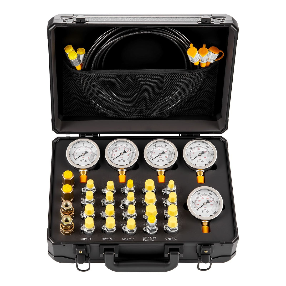 Hydraulic Pressure Test Kit, 150/900/2300/6000/9000 PSI (10/60/160/400/600 Bar), Hydraulic Gauge Kit 5 Gauges 20 Couplings 4 Quick-Release Couplers 3 Hoses for Excavator Construction Machinery