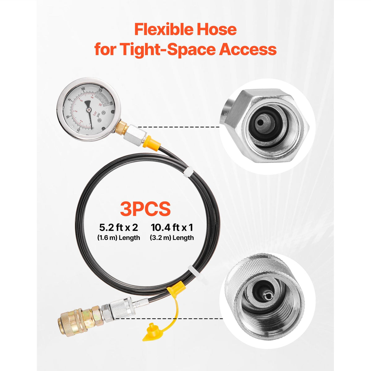 Hydraulic Pressure Test Kit, 150/900/2300/6000/9000 PSI (10/60/160/400/600 Bar), Hydraulic Gauge Kit 5 Gauges 20 Couplings 4 Quick-Release Couplers 3 Hoses for Excavator Construction Machinery