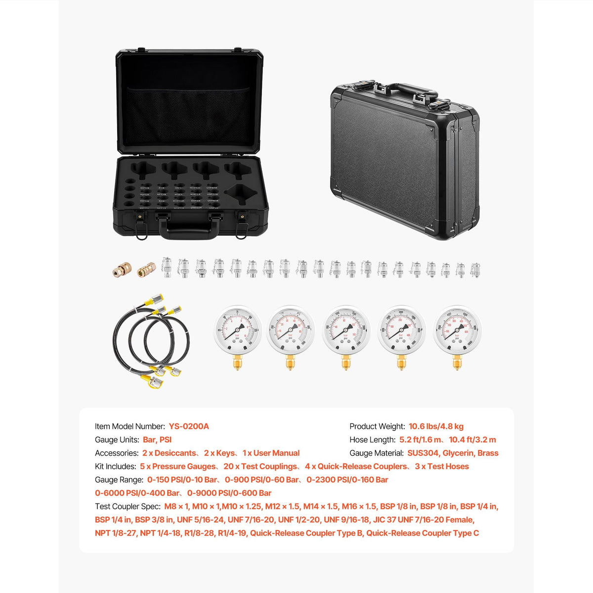 Hydraulic Pressure Test Kit, 150/900/2300/6000/9000 PSI (10/60/160/400/600 Bar), Hydraulic Gauge Kit 5 Gauges 20 Couplings 4 Quick-Release Couplers 3 Hoses for Excavator Construction Machinery