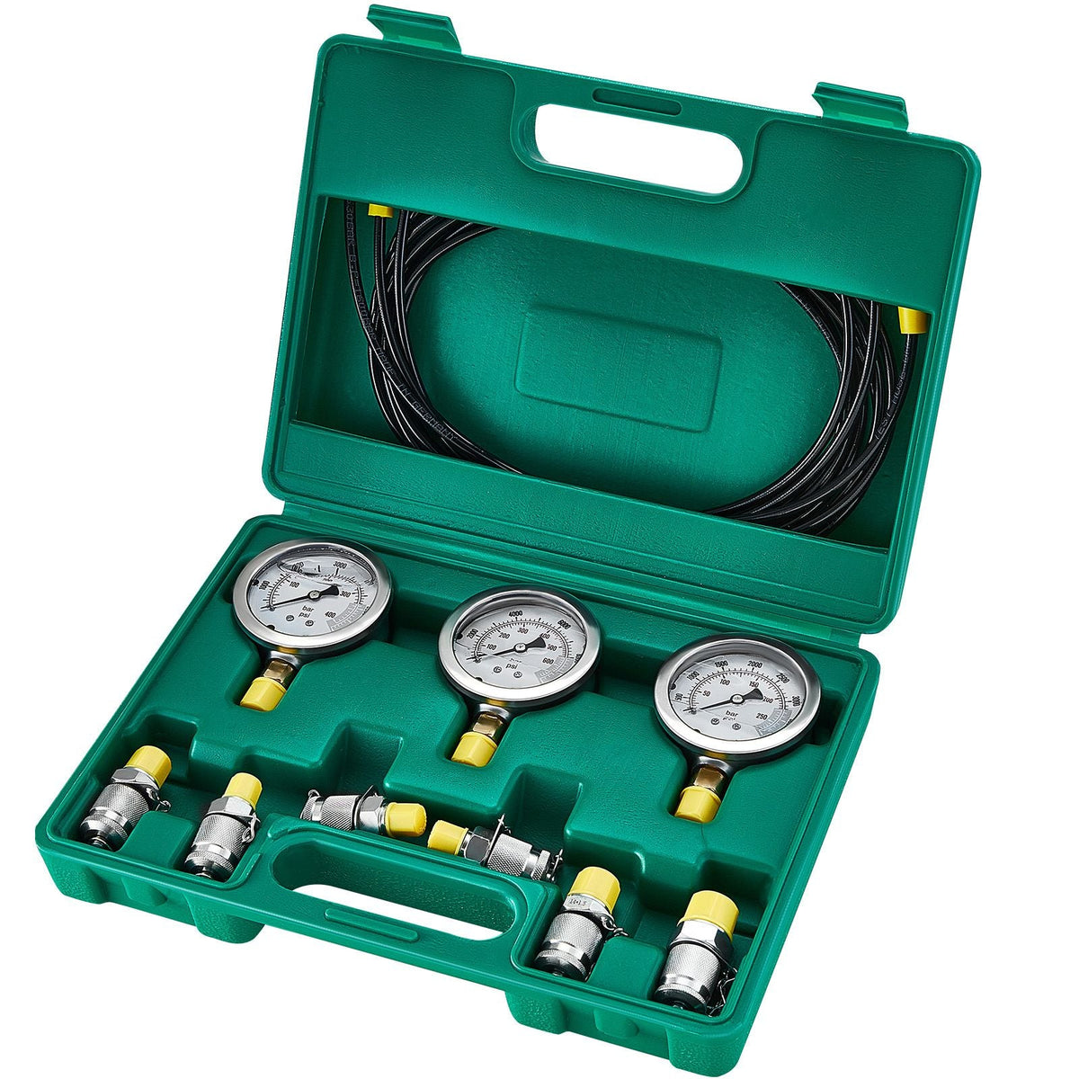Hydraulic Pressure Test Kit, 250/400/600bar, 3 Gauges 6 Test Couplings 3 Test Hoses, Excavator Hydraulic Test Gauge Set with Portable Carrying Case for Excavator Tractors Construction Machinery