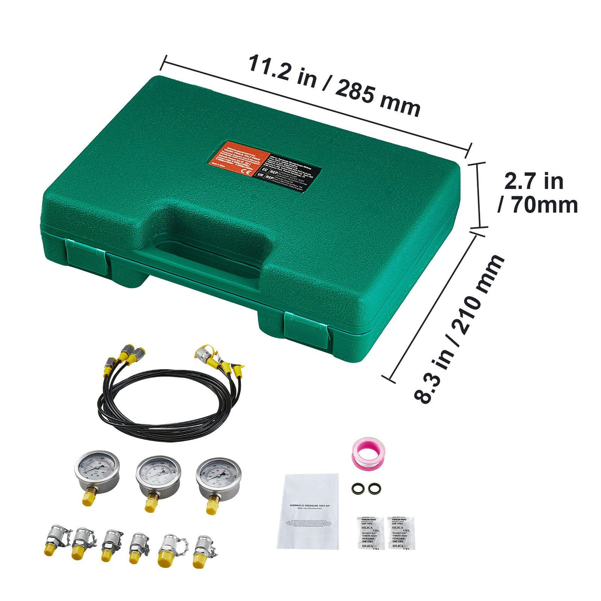 Hydraulic Pressure Test Kit, 250/400/600bar, 3 Gauges 6 Test Couplings 3 Test Hoses, Excavator Hydraulic Test Gauge Set with Portable Carrying Case for Excavator Tractors Construction Machinery