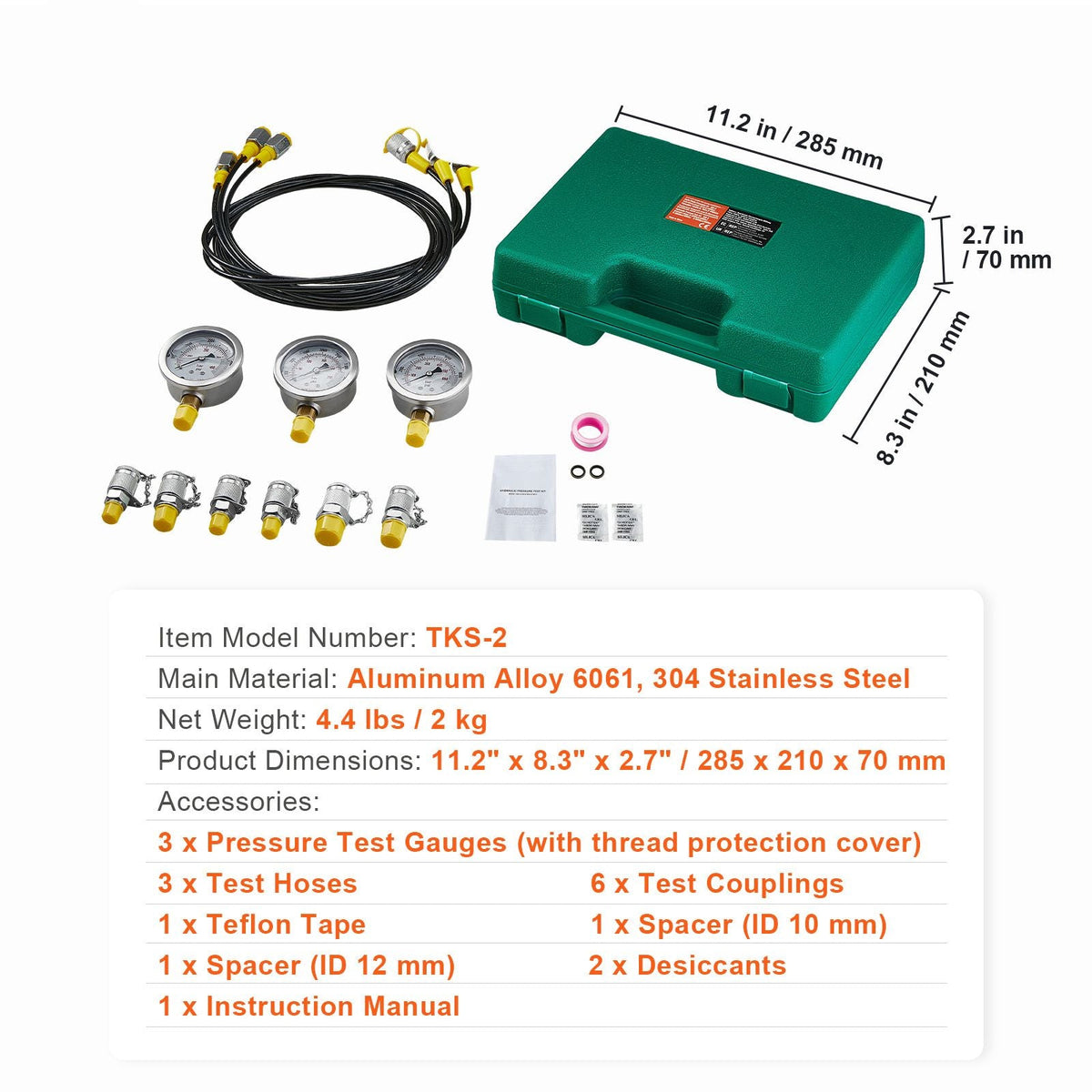 Hydraulic Pressure Test Kit, 250/400/600bar, 3 Gauges 6 Test Couplings 3 Test Hoses, Excavator Hydraulic Test Gauge Set with Portable Carrying Case for Excavator Tractors Construction Machinery