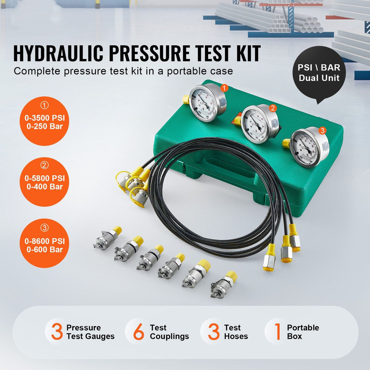 Hydraulic Pressure Test Kit, 250/400/600bar, 3 Gauges 6 Test Couplings 3 Test Hoses, Excavator Hydraulic Test Gauge Set with Portable Carrying Case for Excavator Tractors Construction Machinery