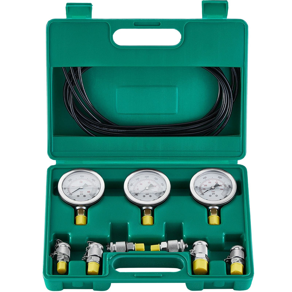 Hydraulic Pressure Test Kit, 250/400/600bar, 3 Gauges 6 Test Couplings 3 Test Hoses, Excavator Hydraulic Test Gauge Set with Portable Carrying Case for Excavator Tractors Construction Machinery
