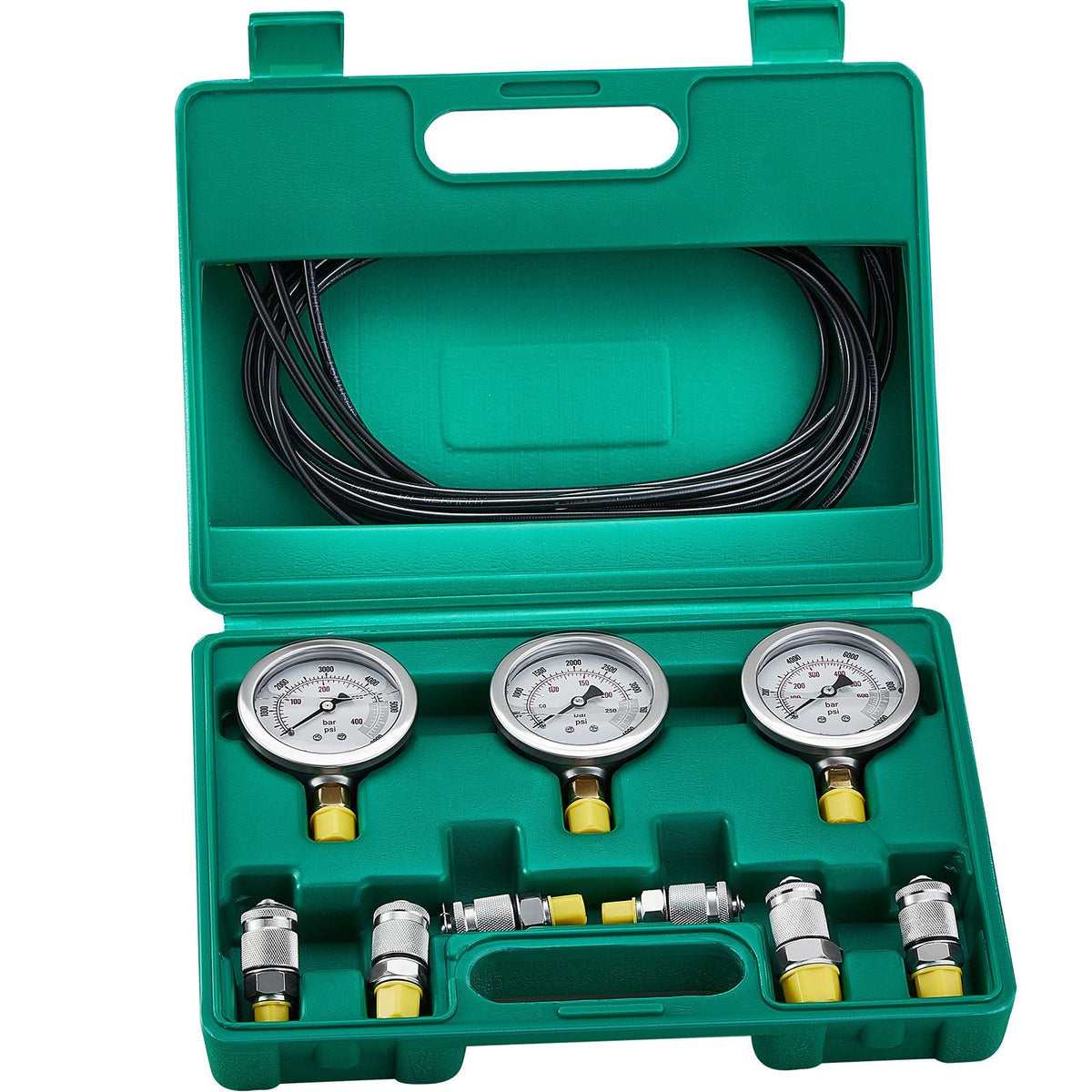 Hydraulic Pressure Test Kit, 250/400/600bar, 3 Gauges 6 Test Couplings 3 Test Hoses, Excavator Hydraulic Test Gauge Set with Portable Carrying Case for Excavator Tractors Construction Machinery