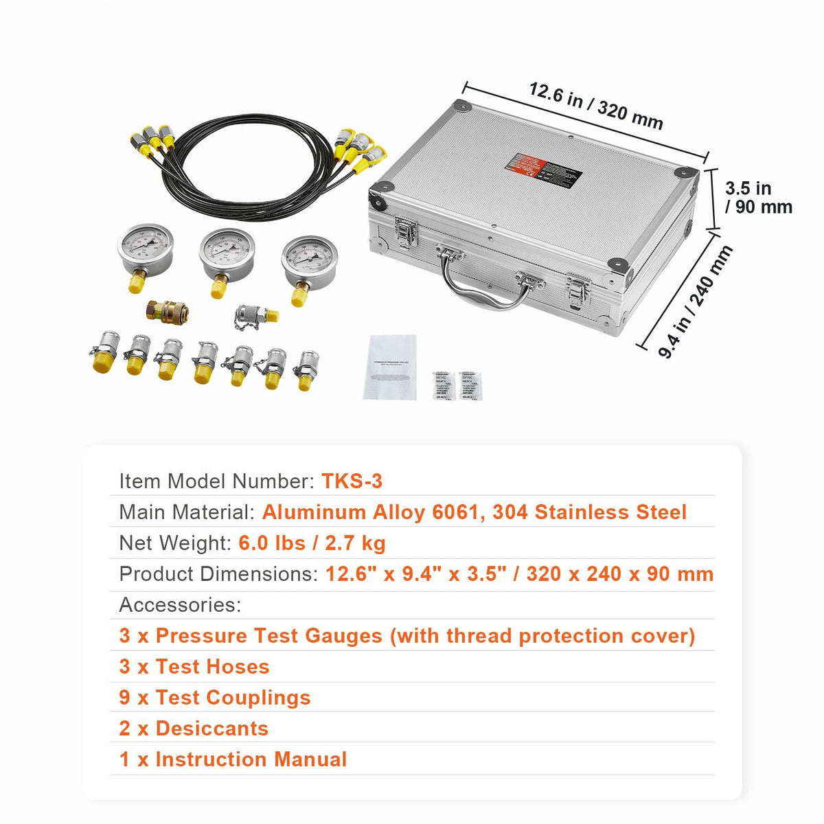 Hydraulic Pressure Test Kit, 250/400/600bar, 3 Gauges 9 Test Couplings 3 Test Hoses, Excavator Hydraulic Test Gauge Set with Portable Carrying Case for Excavator Tractors Construction Machinery
