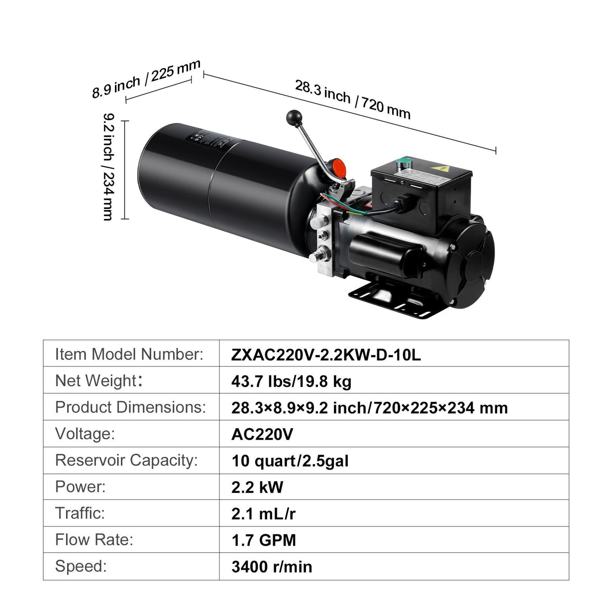 Hydraulic Pump, 10 Quart Hydraulic Power Unit, Single Acting Dump Trailer Pump, 1.7 GPM Flow Rate, 3200 PSI Max Relief Pressure, AC 220V Hydraulic Pump for Dump Trailer Car Lifting