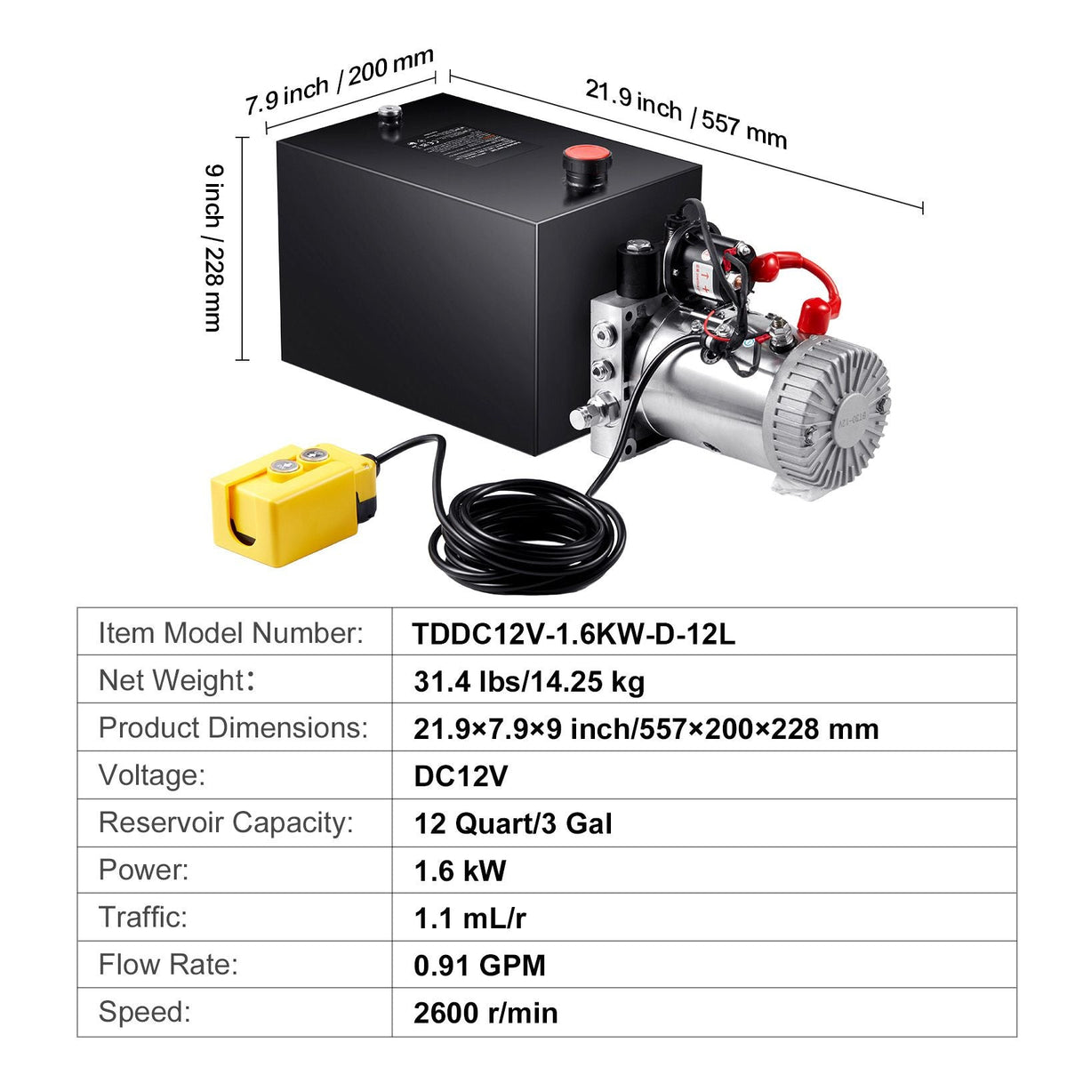 Hydraulic Pump, 12 Quart Hydraulic Power Unit, Single Acting Dump Trailer Pump, 0.91 GPM Flow Rate, 3200 PSI Max Relief Pressure, DC 12V Hydraulic Pump for Dump Trailer Car Lifting