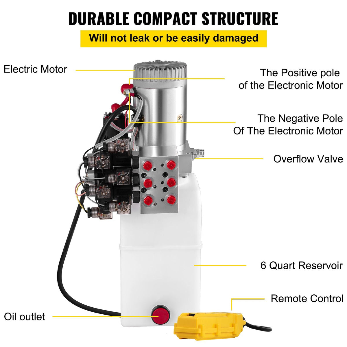 Hydraulic Pump, 6 Quart/1.5 Gal Double Acting Dump Trailer Pump DC 12V, 3200 PSI Max Relief Pressure, Electric Hydraulic Power Unit for Dump Trailer Car Lifting (with 6pcs SAE #6 Connectors)