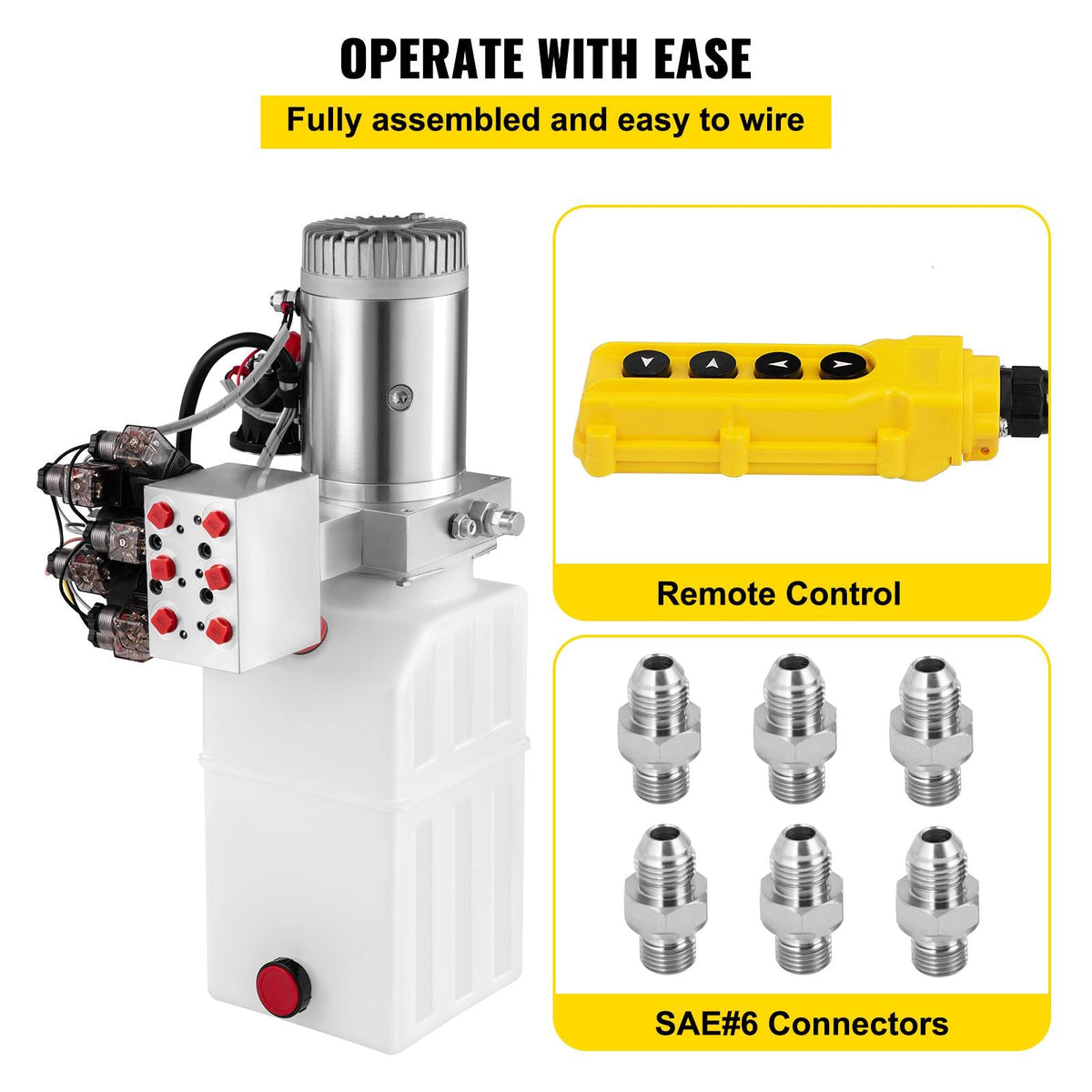 Hydraulic Pump, 6 Quart/1.5 Gal Double Acting Dump Trailer Pump DC 12V, 3200 PSI Max Relief Pressure, Electric Hydraulic Power Unit for Dump Trailer Car Lifting (with 6pcs SAE #6 Connectors)