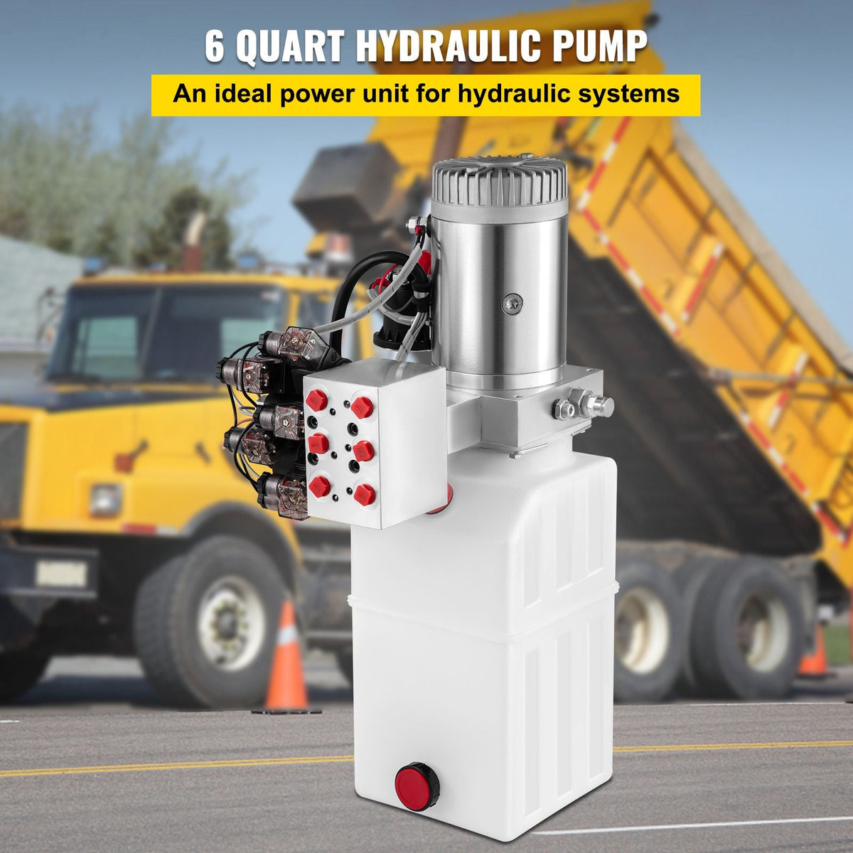 Hydraulic Pump, 6 Quart/1.5 Gal Double Acting Dump Trailer Pump DC 12V, 3200 PSI Max Relief Pressure, Electric Hydraulic Power Unit for Dump Trailer Car Lifting (with 6pcs SAE #6 Connectors)