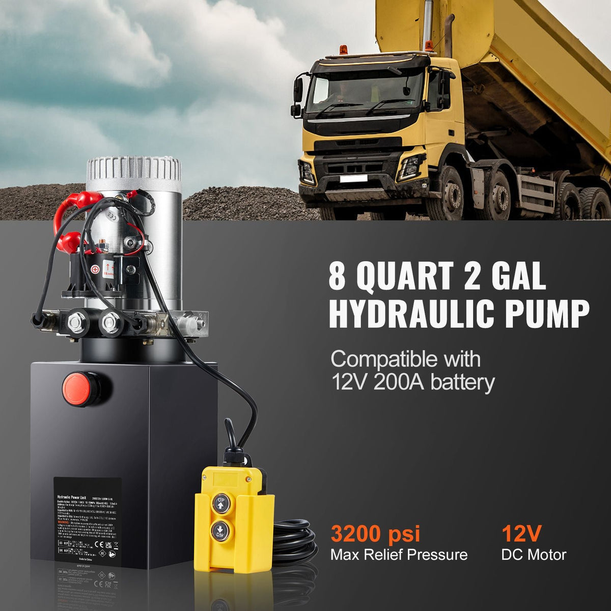 Hydraulic Pump, 8 Quart Hydraulic Power Unit, Double Acting Dump Trailer Pump, 0.91 GPM Flow Rate, 3200 PSI Max Relief Pressure, DC 12V Hydraulic Pump for Dump Trailer Car Lifting
