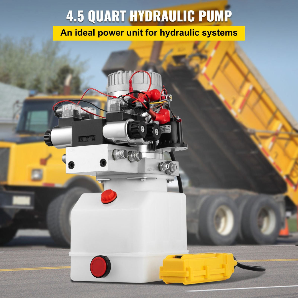 Hydraulic Pump Double Acting Hydraulic Power Unit Double Solenoid Hydraulic Power Pack 12V DC Hydraulic Power Pump with 4.5Liter Reservoir for Dump Trailer Car Lifting