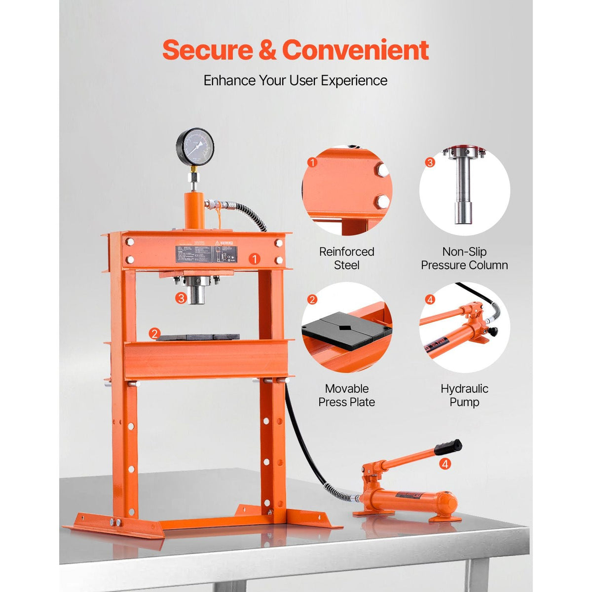 Hydraulic Shop Press, 10 T H-Frame Shop Press with Press Plate & H-shaped Base, Stable Garage Floor Adjustable Hydraulic Press with Relief Valve, Fit for Bending, Straightening & Stamping