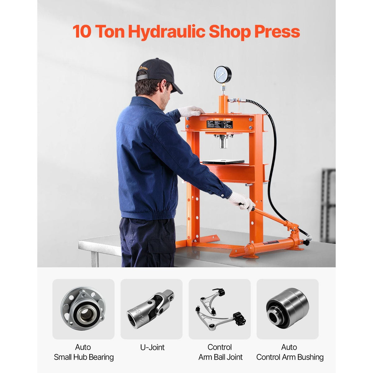 Hydraulic Shop Press, 10 T H-Frame Shop Press with Press Plate & H-shaped Base, Stable Garage Floor Adjustable Hydraulic Press with Relief Valve, Fit for Bending, Straightening & Stamping