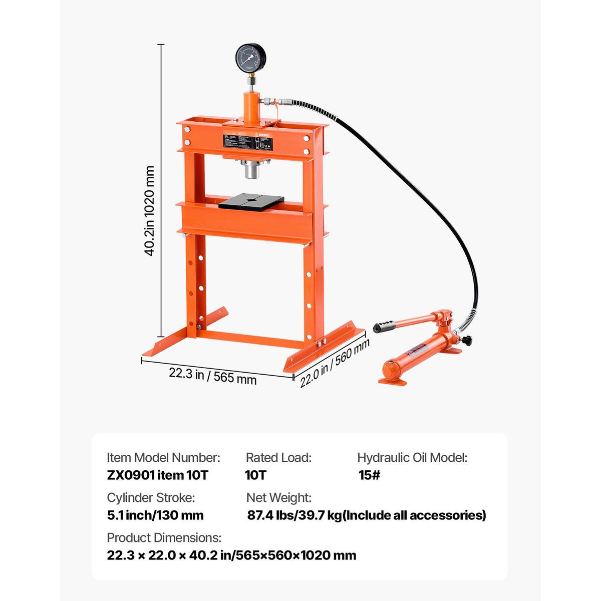 Hydraulic Shop Press, 10 T H-Frame Shop Press with Press Plate & H-shaped Base, Stable Garage Floor Adjustable Hydraulic Press with Relief Valve, Fit for Bending, Straightening & Stamping