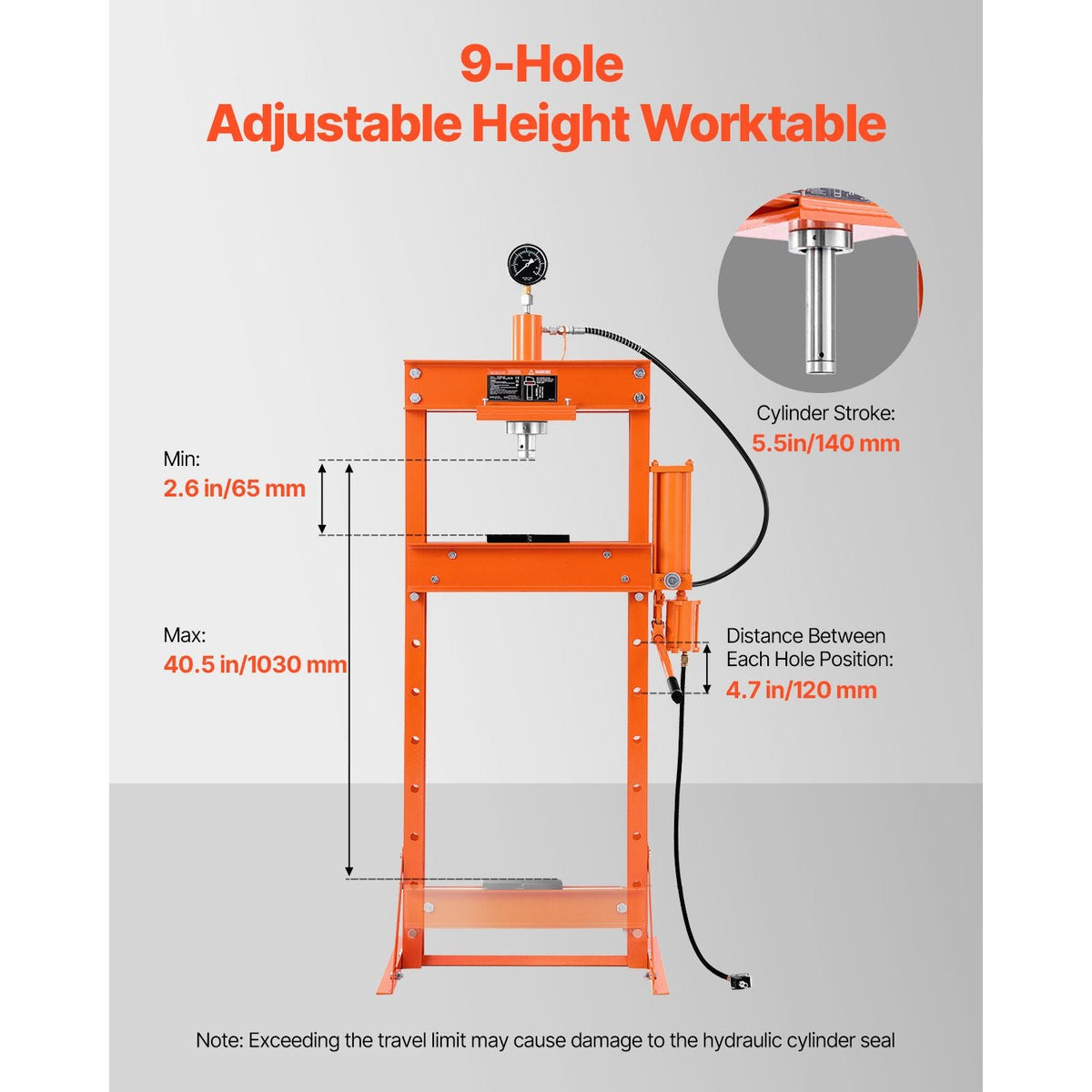 Hydraulic Shop Press, 20 T H-Frame Pneumatic Shop Press with Press Plate, Stable Garage Floor Adjustable Hydraulic Press with Triangular Support, Fit for Bending, Straightening & Stamping